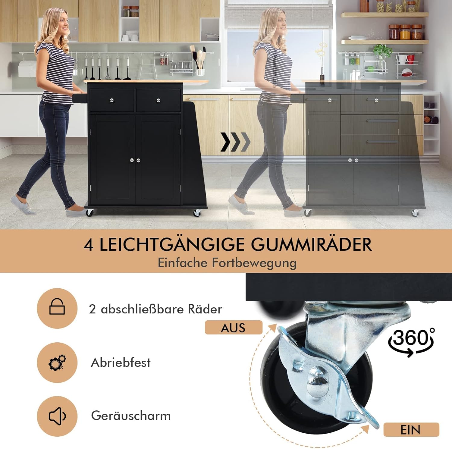 COSTWAY Küchenwagen mit Arbeitsplatte, rollender Kücheninsel aus Gummiholz mit Handtuchhalter, verstellbarem Regal & 2 Schubladen & Gewürzregal, Servierwagen modern mit Räder mit Bremsen (Schwarz)