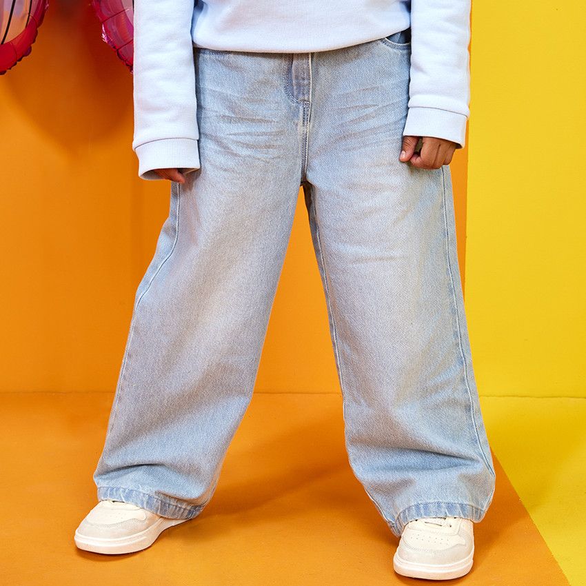 Jean large effet délavé pour fille - Bleu