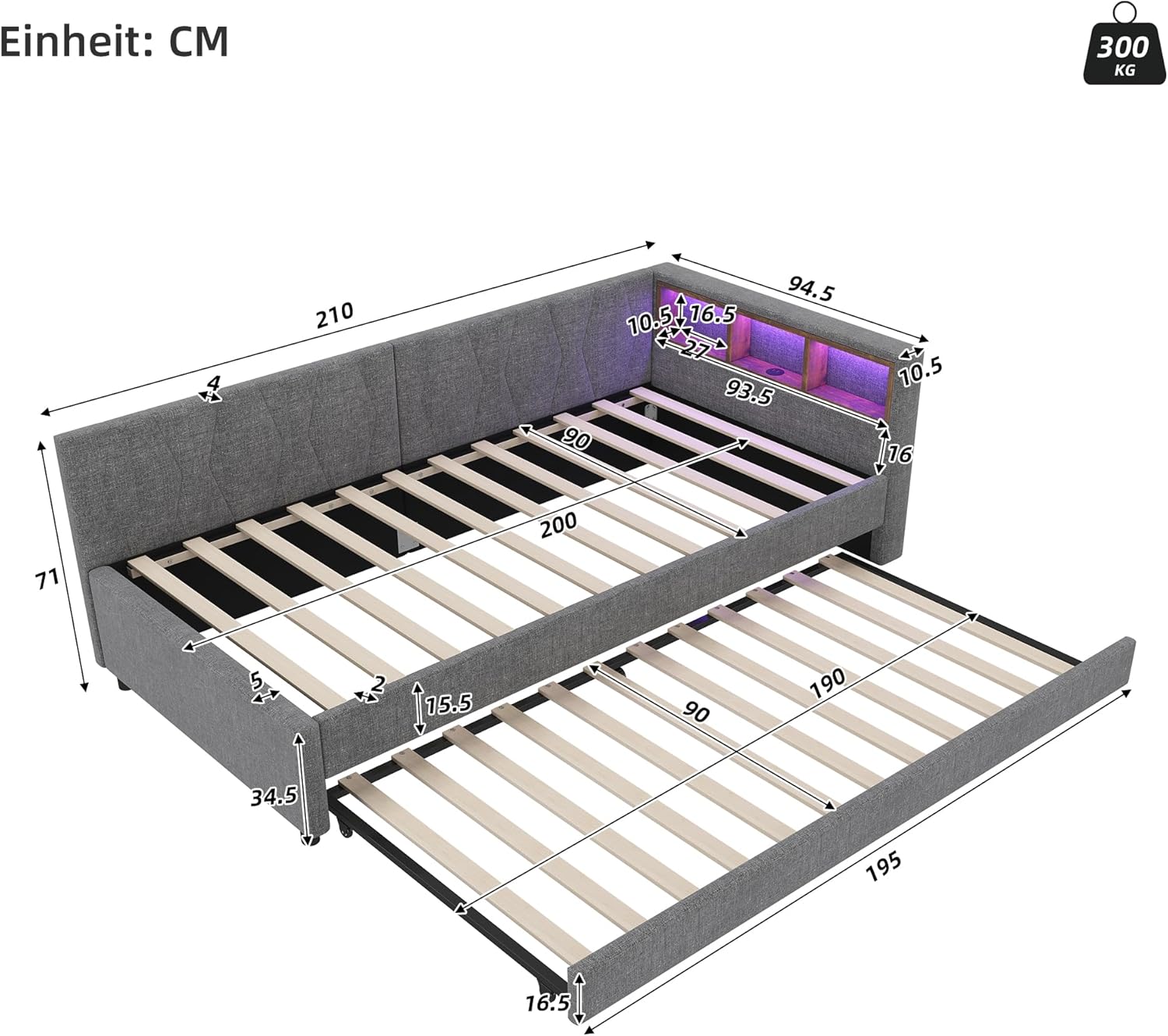 Polsterbett Schlafsofa 90x200, Einzelbett mit Ausziehbett, Daybett mit LED Staufach, Tagesbett mit USB Typ C Ladefunktion, Jugendbett Kinderbett Gästebett, Leinen, ohne Matratze, Grau