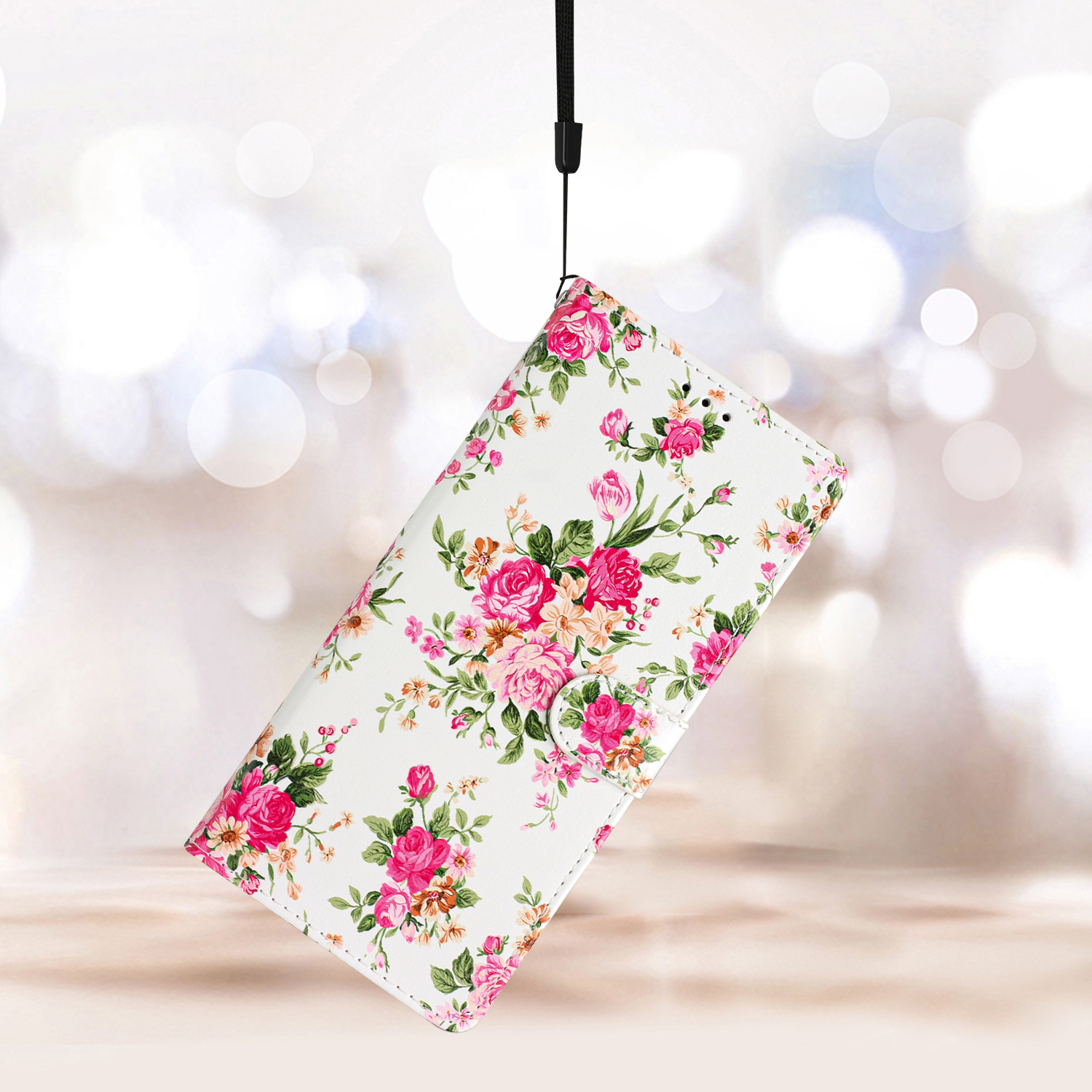 Samsung Galaxy S24 FE Leder Tasche mit Kartenfach   Handschlaufe - Pfingstrosen
