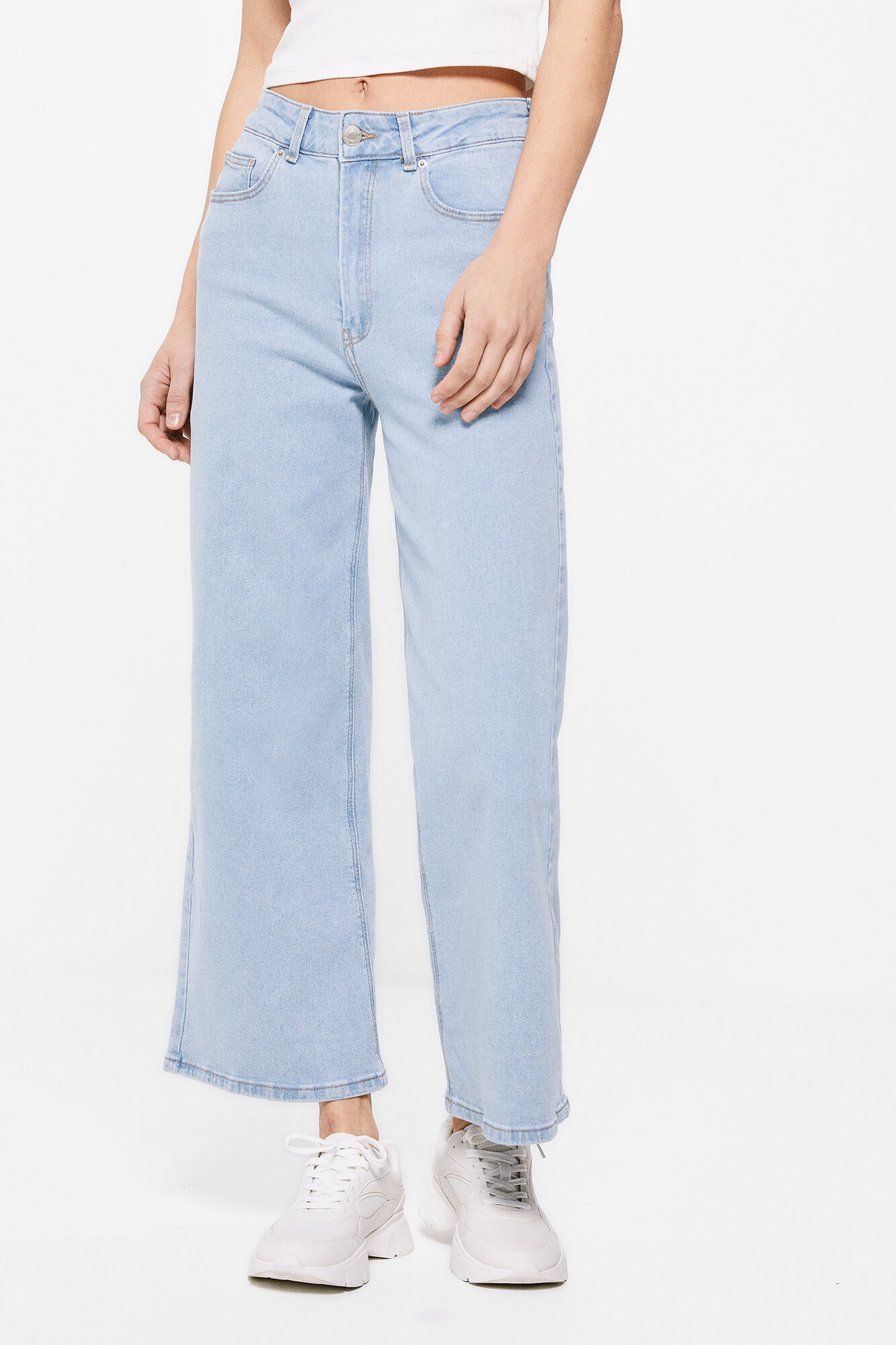 Calça jeans culote com lavagem sustentável - Azul médio
