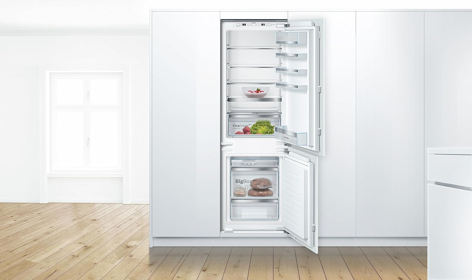 Bosch KIS86AFE0 Serie 6 Einbau-Kühl-Gefrier-Kombination, 177,5 x 56cm Nische, 191L Kühlen & 74L Gefrieren, Flachscharnier, Made in Germany, VitaFresh plus 2x längere Frische, LowFrost seltener abtauen