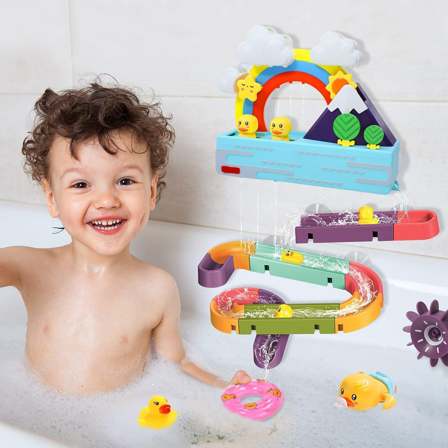 (27-tlg. Set) Badewannen Kinder Spielzeug Interaktives Wasser Spiel mit Musik / Saugnäpfe (Batteriebetrieben) - Enten Rutschbahn