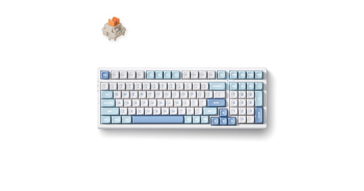 MCHOSEG98 Pro Blue Flame Orange Wireless Tri-Mode Custom Mechanical, gaming toetsenbord  (Wit/blauw, US lay-out, TTC Flame Orange, 98%, RGB, Hot swap, Double-Shot PBT, draadloos / Bluetooth / USB-C)
