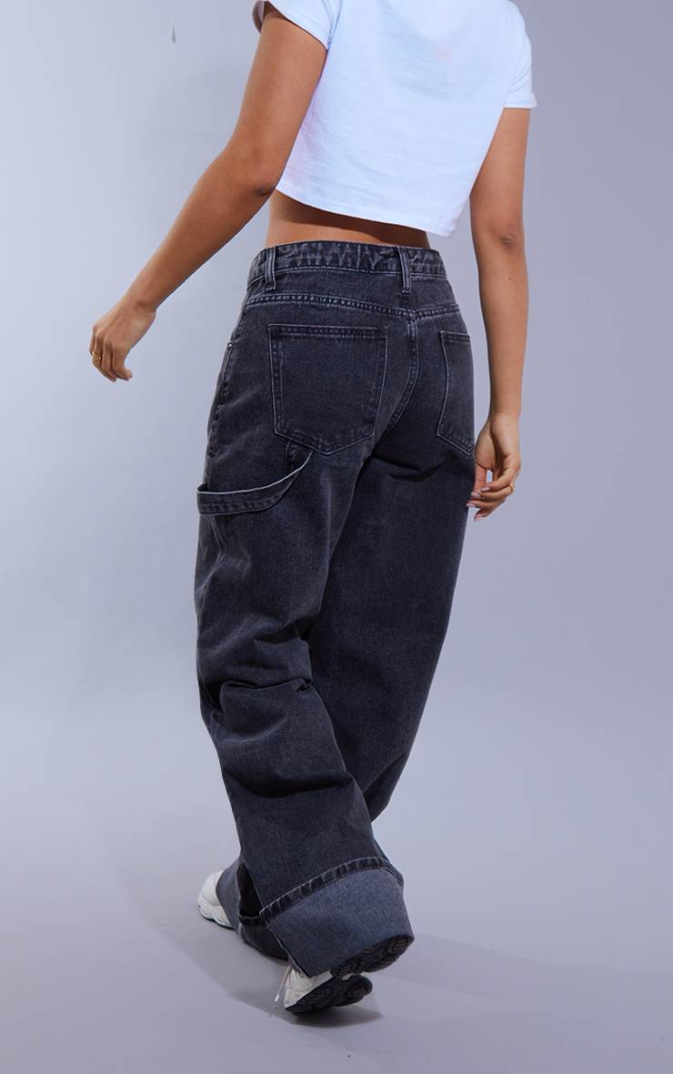 Noir Délavé Jean Petite À Jambes Larges Avec Détail De Sangle