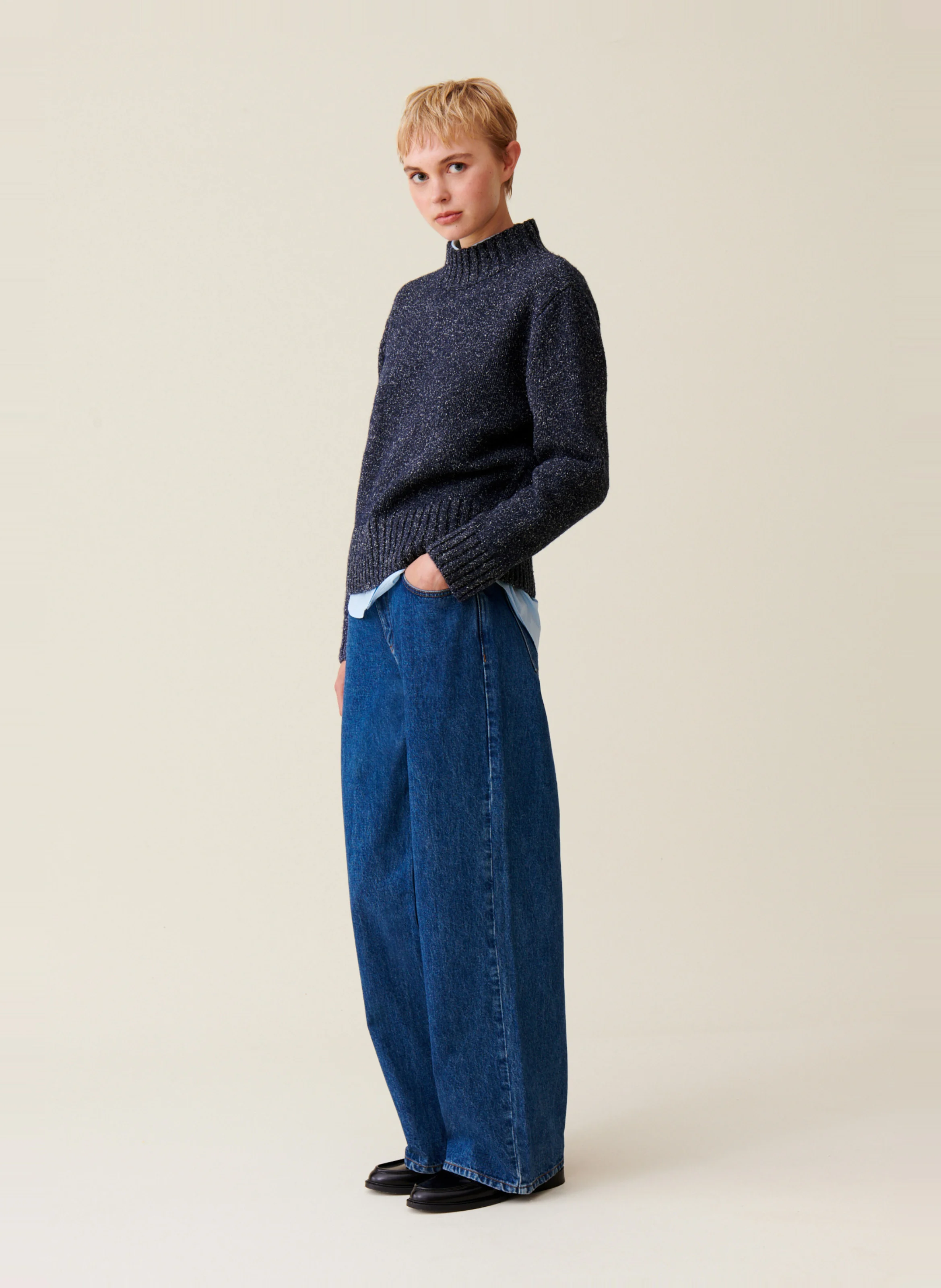 Pull col montant en laine et en soie mélangés | Bleu