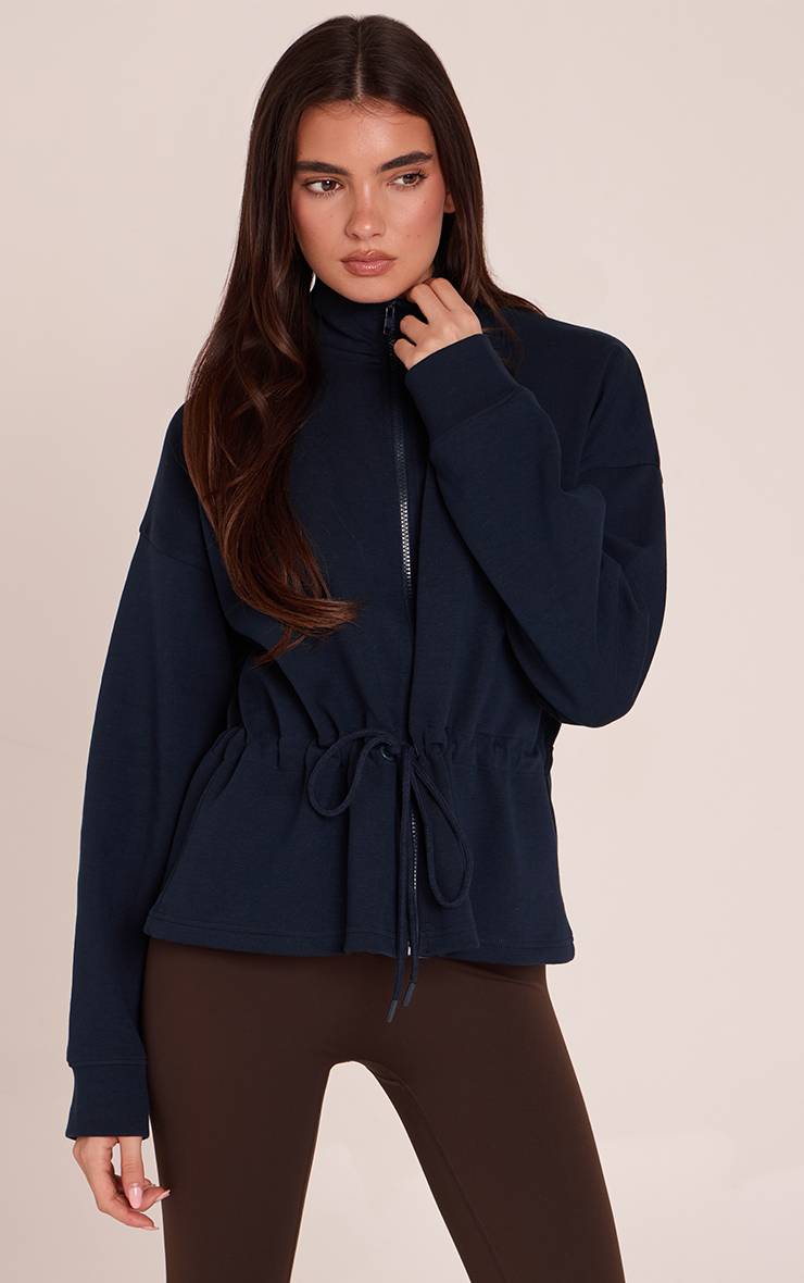 Bleu Marine Veste Zippée À Col Cheminée Et Basque En Jersey Interlock