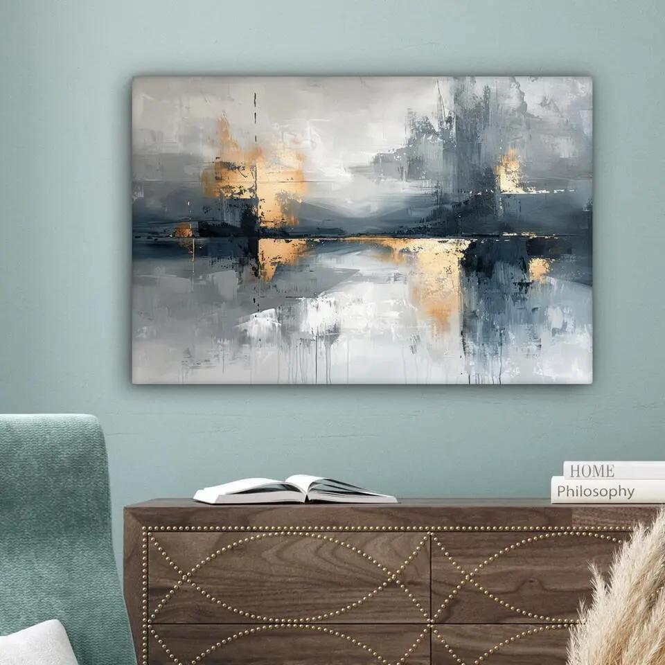 MuchoWow Canvas Schilderij 90x60cm Kunst Grijs Goud Abstract