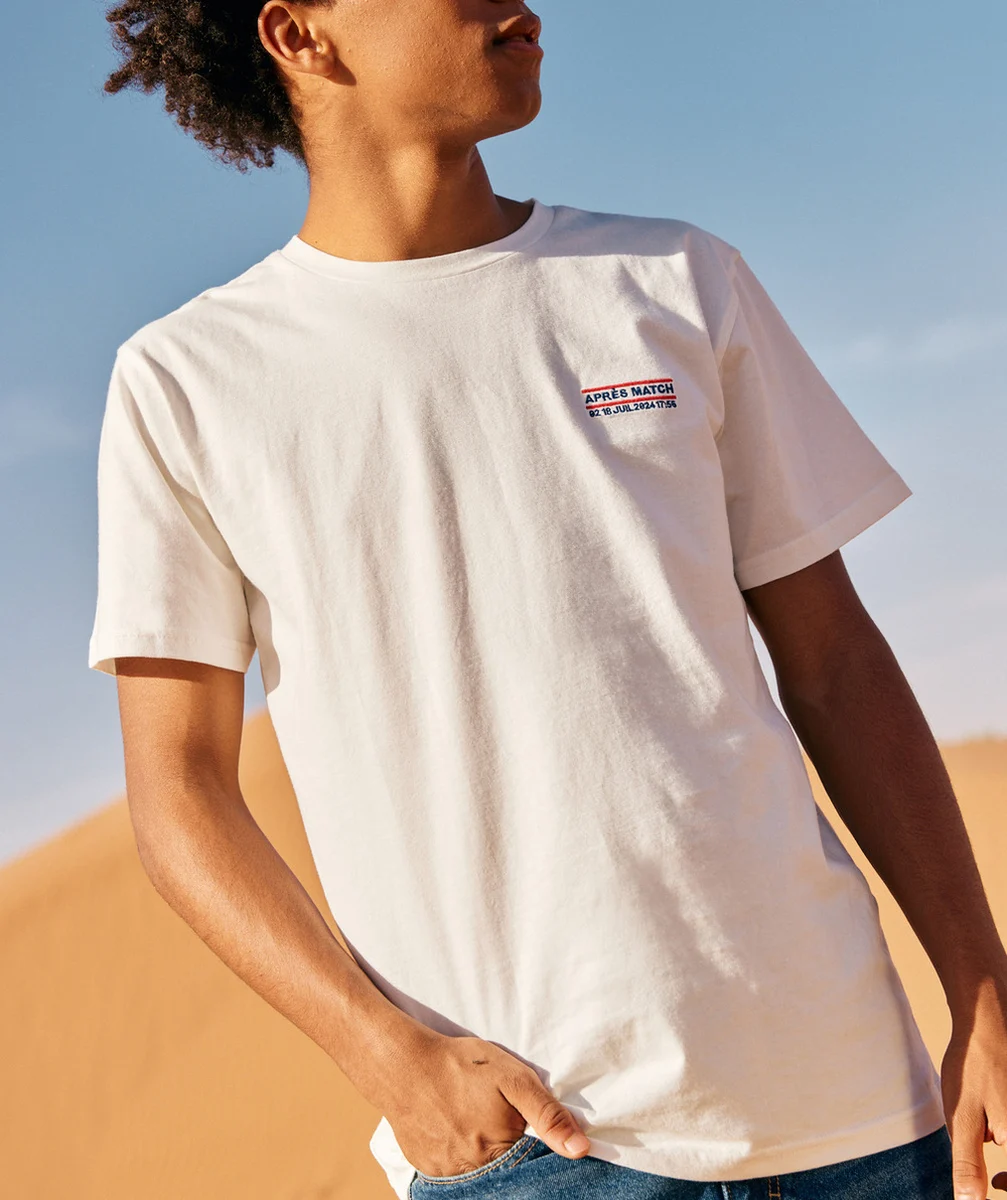 t-shirt garçon en coton biologique blanc avec message match brodé