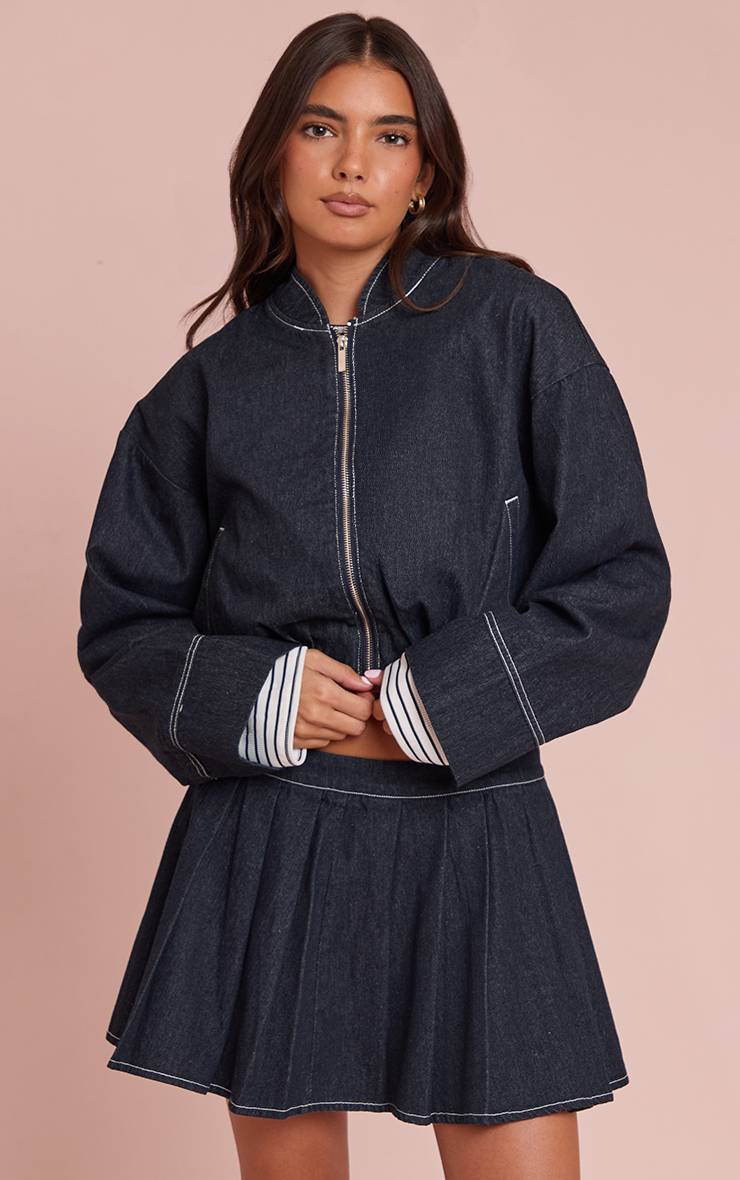 Bleu Indigo Veste Bomber En Denim Courte À Ourlet Bouffant