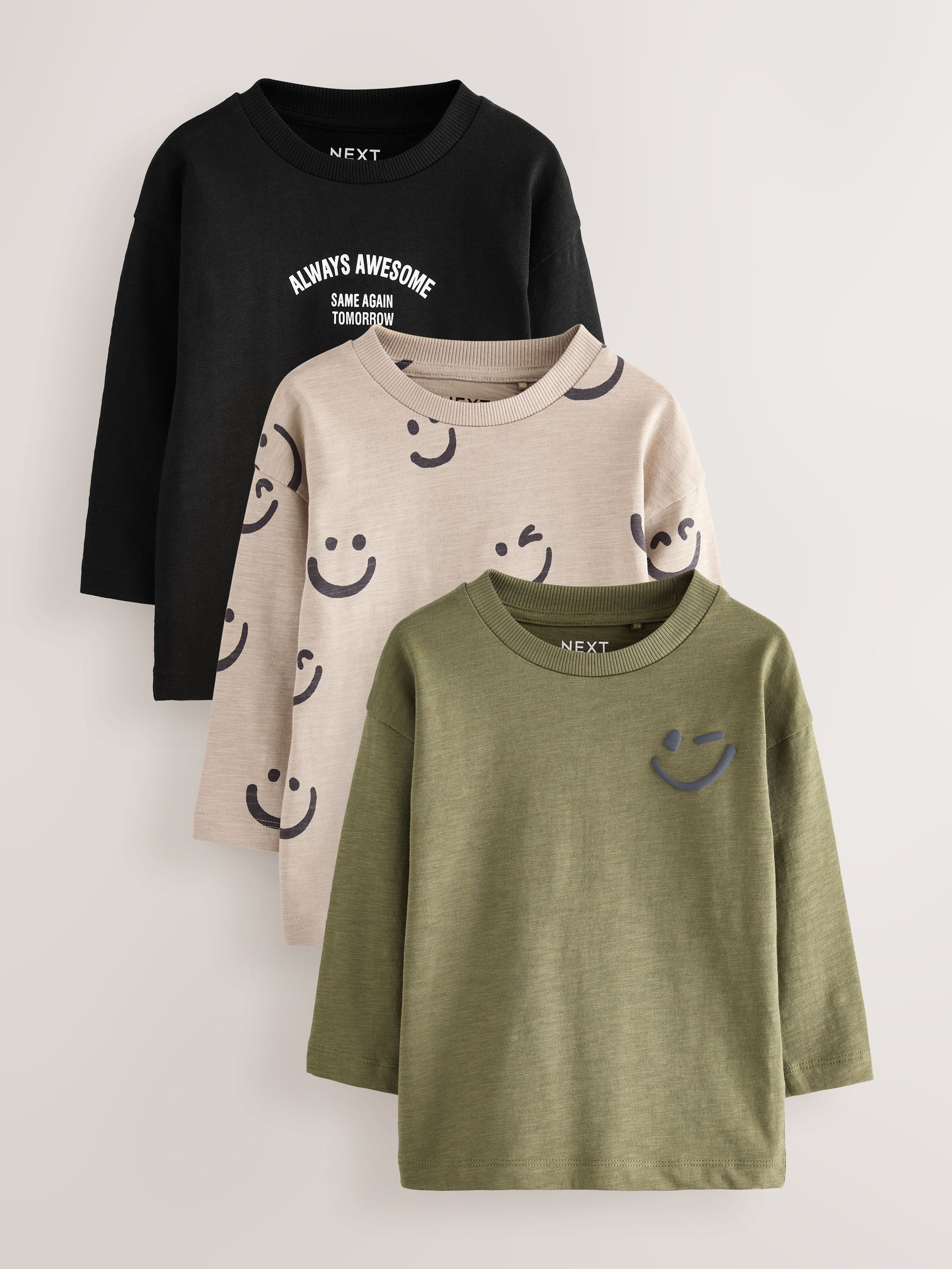 Kaki/crème smile - T-shirts met lange mouwen en dierenfiguurprint verpakking van 3 (3 mnd - 7 jr)