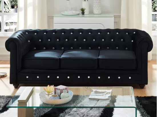 Canapé 3 places CHESTERFIELD - velours noir et boutons effet cristal