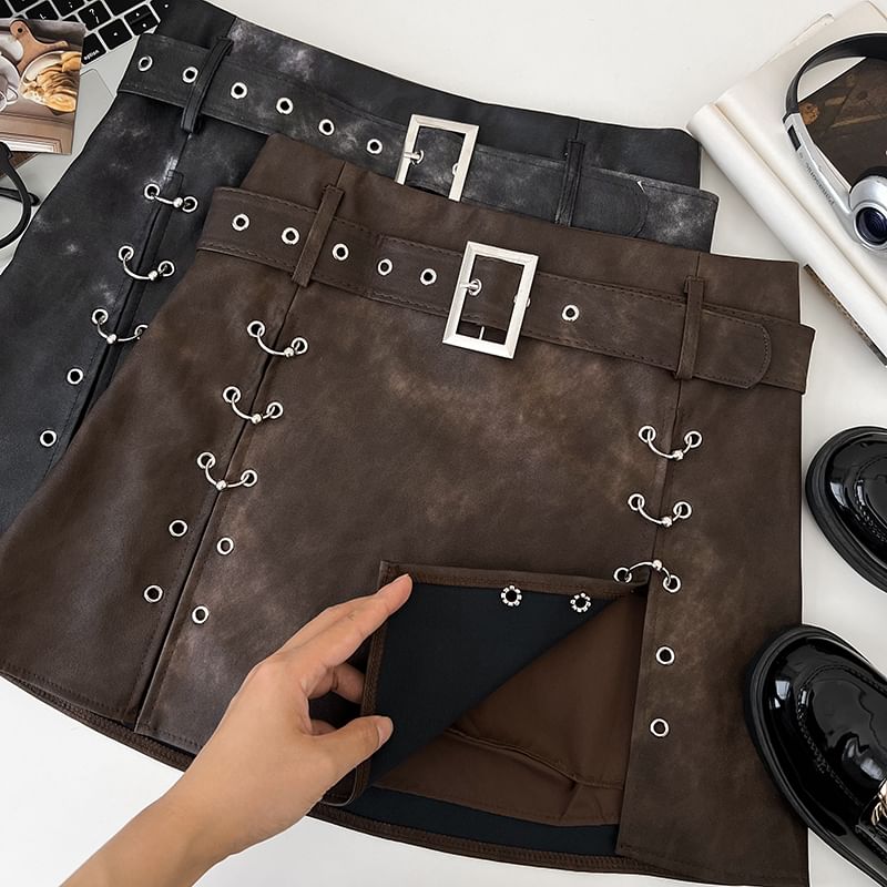 Babique - Set: Hoge taille imitatieleren ringrok met A-lijn + riem