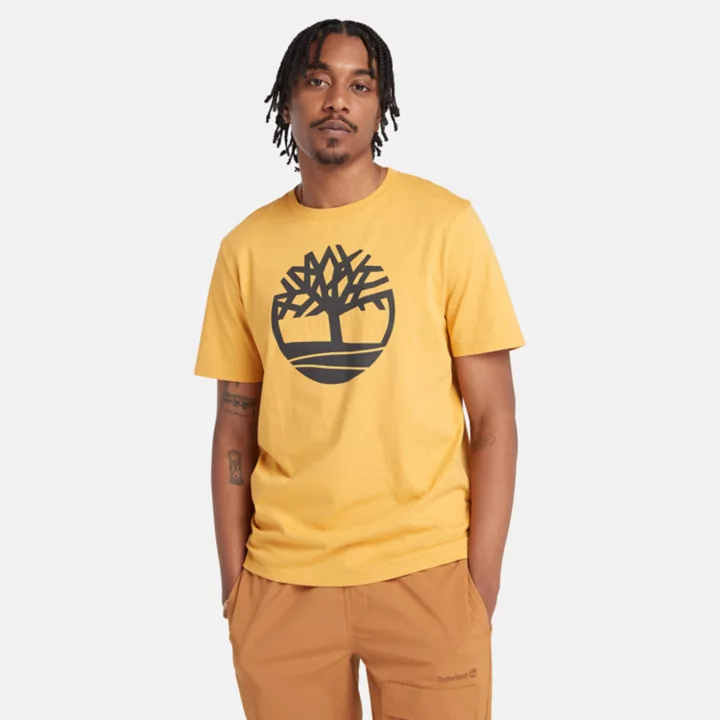 Camiseta masculina amarela com o logotipo da árvore do rio Kennebec.