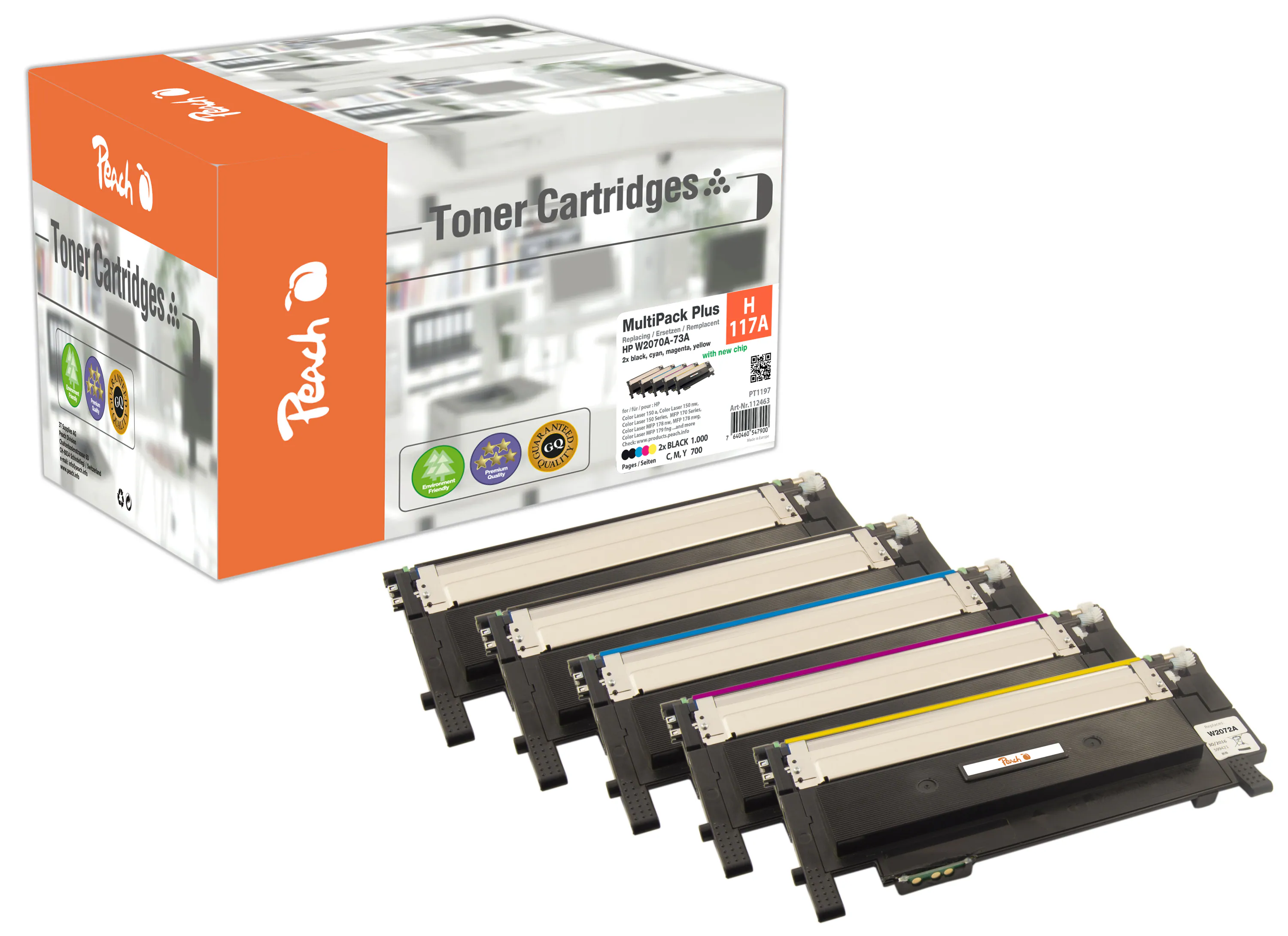 Peach HP 117 A 5 Toner (2*bk, c/m/y) ersetzt HP No. 117A, W2070A*2, W2071A, W2072A, W2073A für z.B. HP Color Laser MFP 178 nw, HP Color Laser 150 (wiederaufbereitet)
