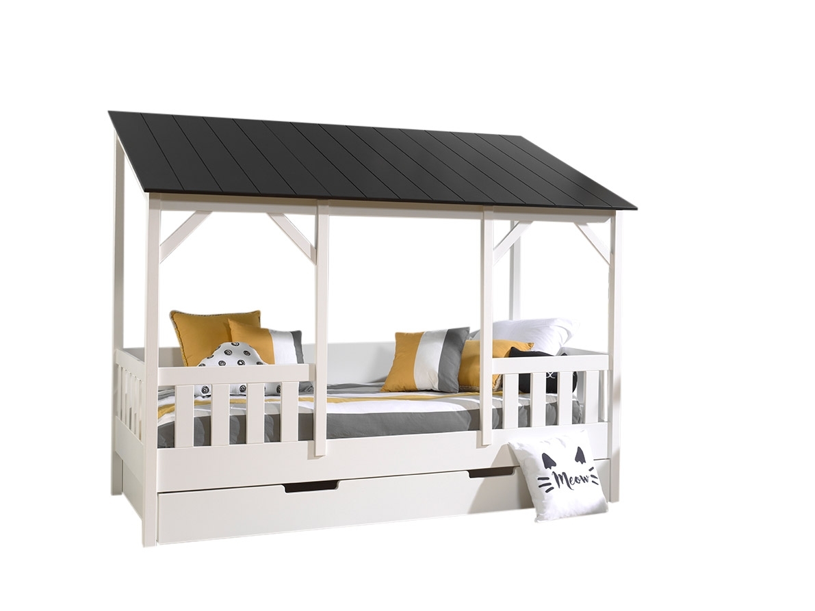 Hausbett - schwarz-weiß - Bettschublade - Dach in Schwarz - 90x200 cm