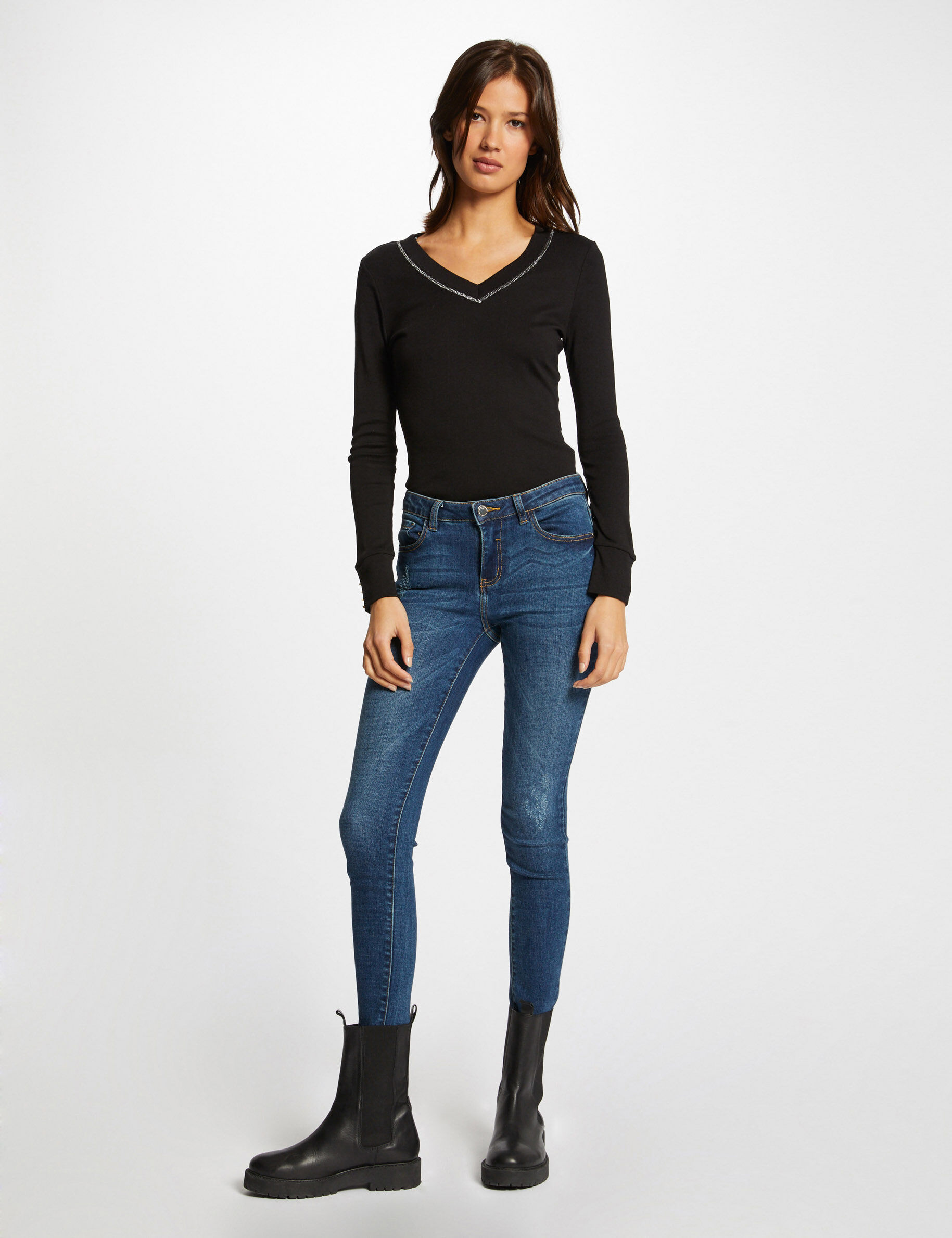 T-shirt manches longues avec col en V noir femme - noir