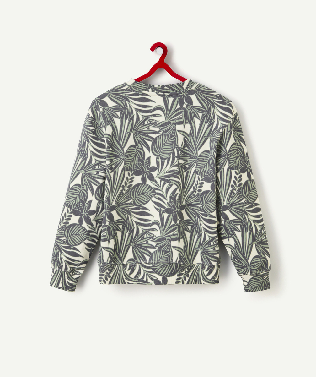 sweat garçon en coton bio imprimé feuillage vert et gris