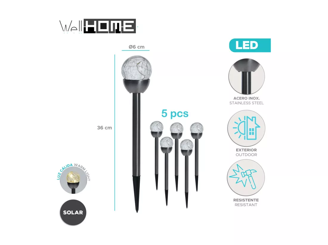 Well Home Lot de 5 lampes solaires en inox Ø6cm