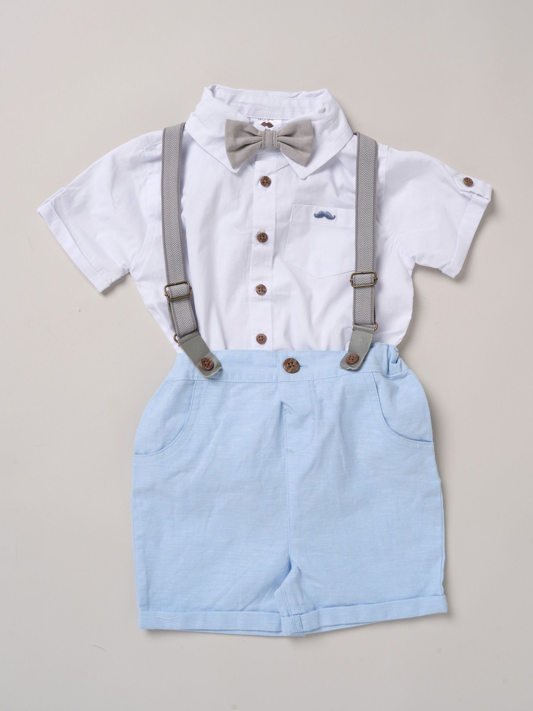 Blauw - Little Gent bodysuit-overhemd, korte broek en bretels outfitset