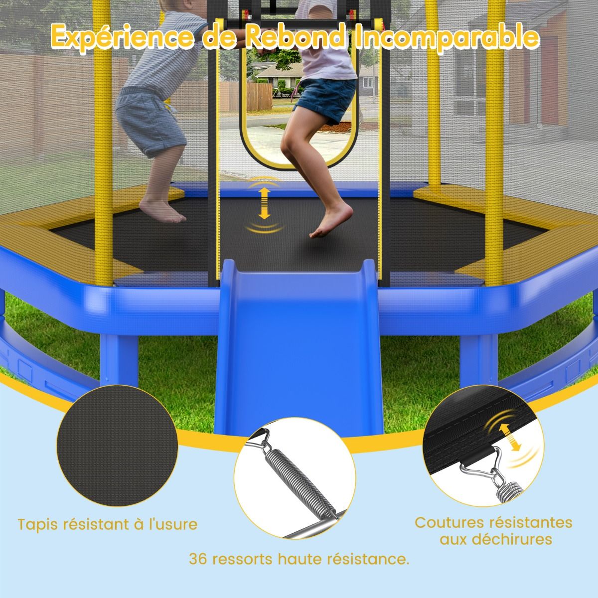 Trampoline Extérieur Ø 223cm avec Toboggan&Echelle avec Filet de Sécurité 2 Portes en U Charge 270kg pour 2-3 Enfants de 3 Ans+ Bleu/Vert - Lidl-Manfred