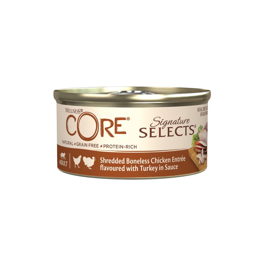 79 g Wellness Core desfiado de frango e pavo lata para gatos
