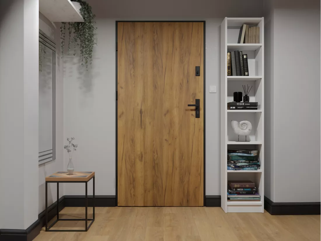 Porte d'entrée pleine en acier H207 x L100 cm - Effet chêne avec rayures noires - poussant droit - COBRITA