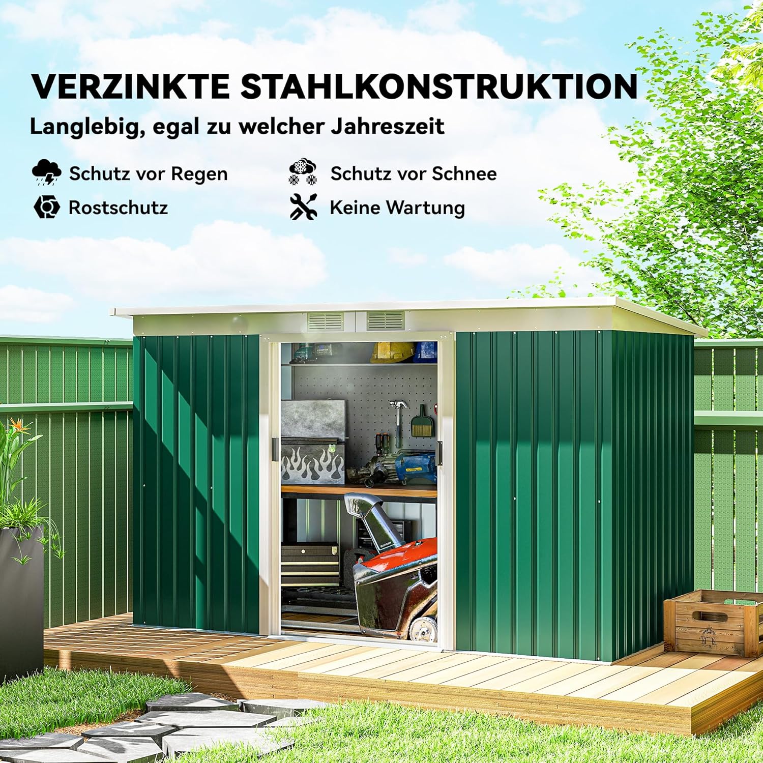 Outsunny Metall Gerätehaus 6,3m³ 280x130x172cm Geräteschuppen mit Pultdach Schiebetür wetterfest Gartenhaus Outdoor Garten Schuppen Schrank für Hinterhof Außenbereich Anthrazit, Dunkelgrün