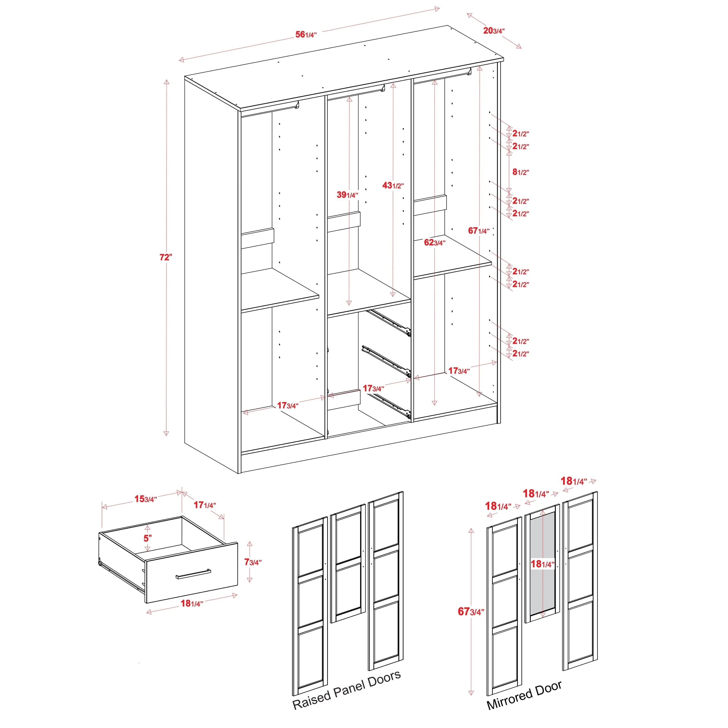 Palace Imports 100% Solid Wood Cosmo 3-Door Wardrobe Armoire with Solid Wood or Mirrored Doors