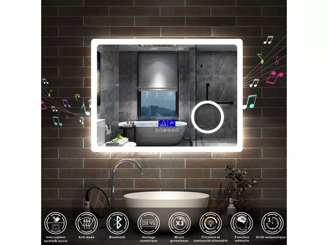 AICA Ensemble meuble Salle de Bain Anthracite 80cm avec 2 colonnes, simple vasque et Led miroir dimmable avec 3 couleurs, Bluetooth et 3X grossissement.