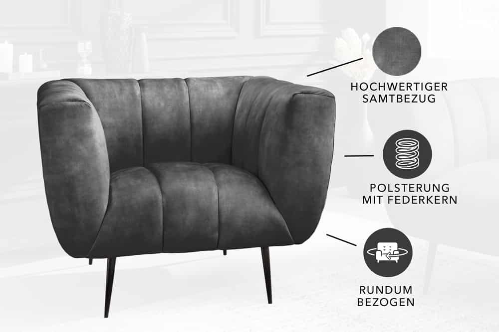 Retro Sessel NOBLESSE 105cm grau Samt schwarze Metallfüße Federkern Ziersteppung
