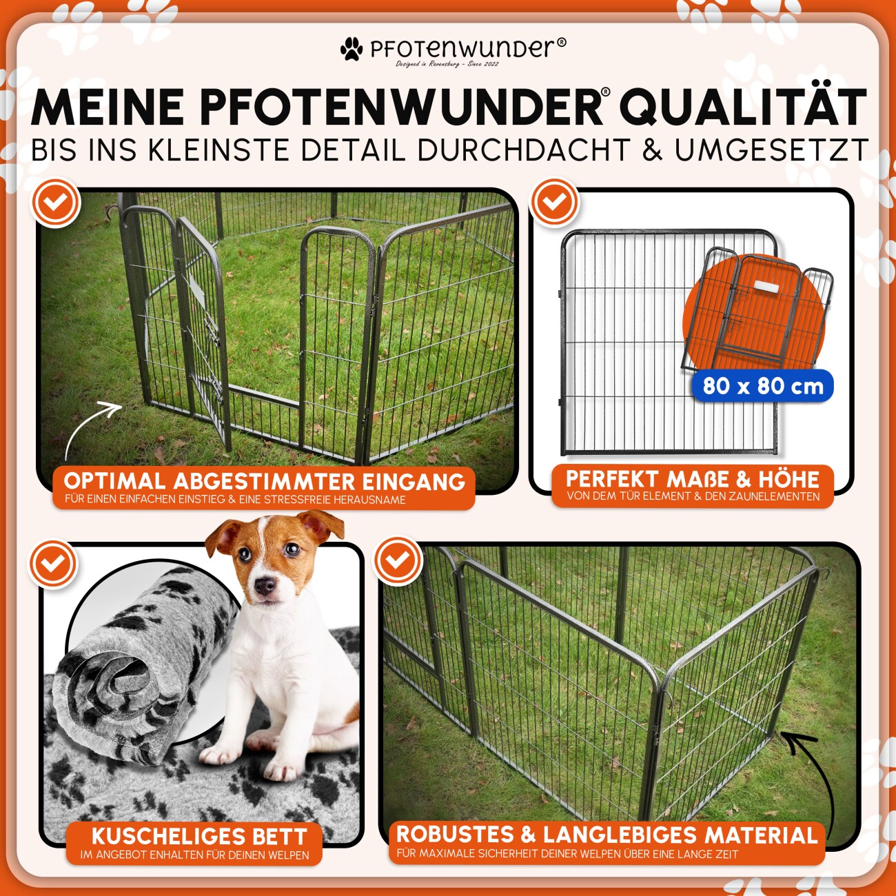 PfotenWunder® Welpenlaufstall 8-teilig, 80cm hoch, 2x2m + 1 Hundebett & 1 Trainingsbuch | Welpenauslauf, Hunde-Laufstall faltbar mit Tür, Tierlaufstall indoor outdoor wetterfest