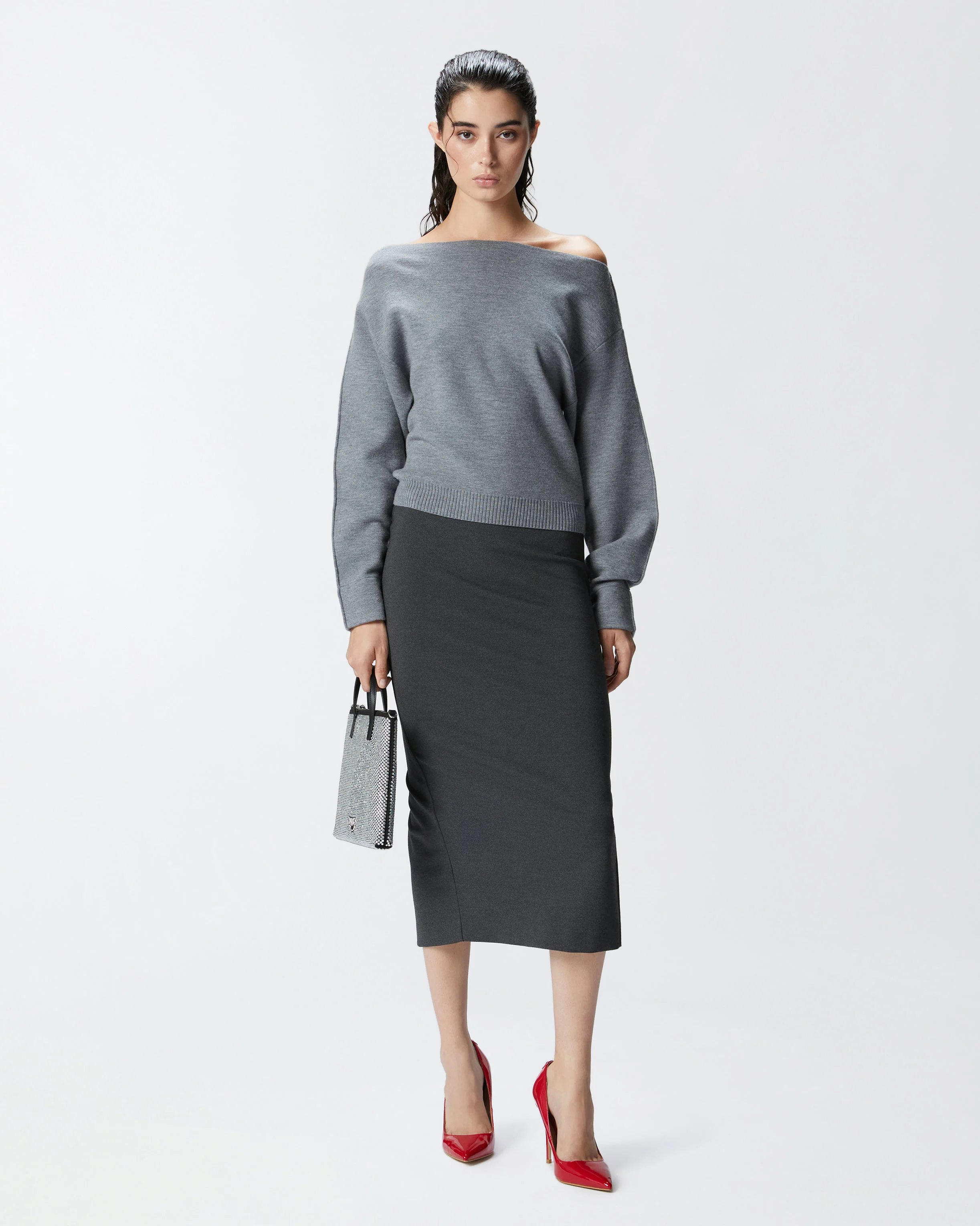 Jupe crayon longue fendue | Gris