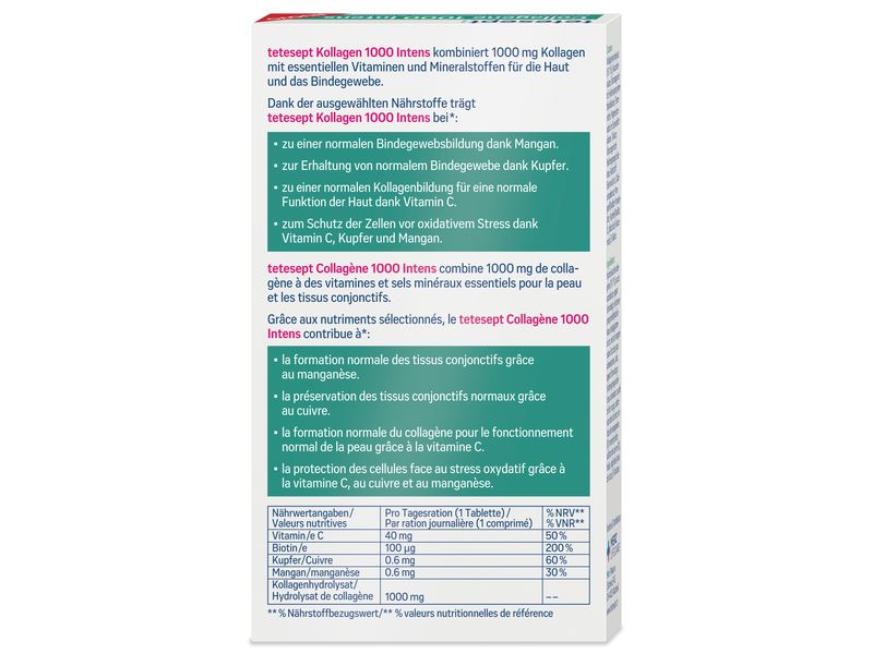 tetesept tetesept Kollagen 1000 Intens 30 Tabletten Nahrungsergänzungsmittel mit Kollagen, Vitamin C, Biotin, Kupfer und Mangan