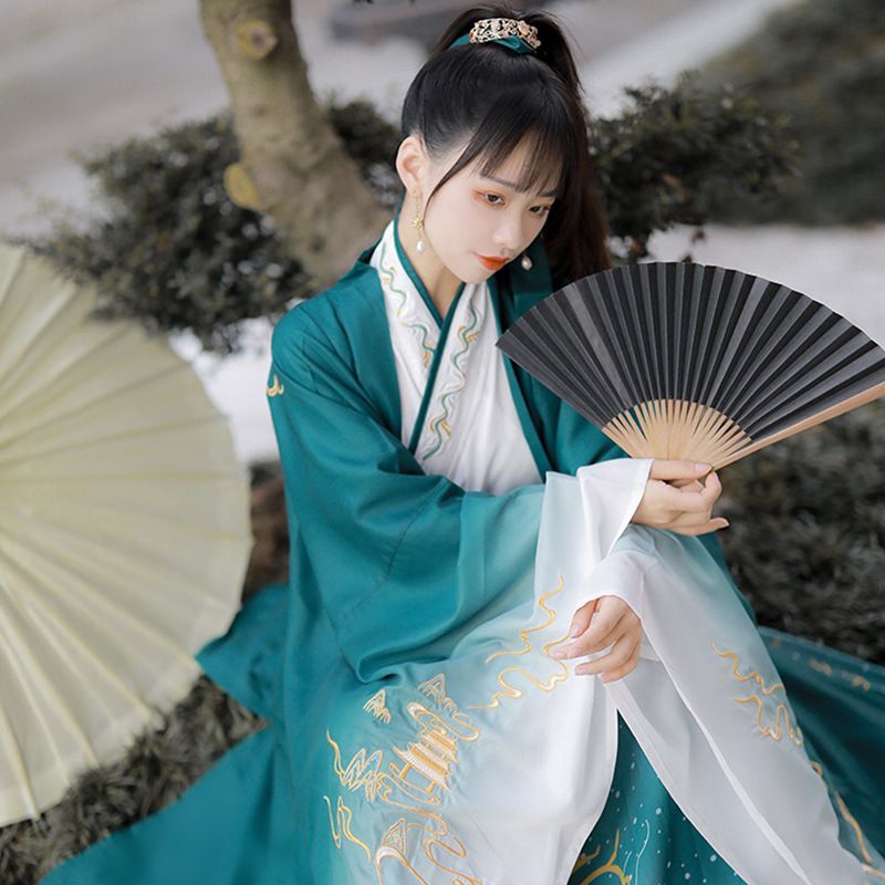 Francoix - Hanfu Set van 3: Geborduurde lange jas met lange mouwen + kruiskraag top met lange mouwen + semi-body print maxi rok