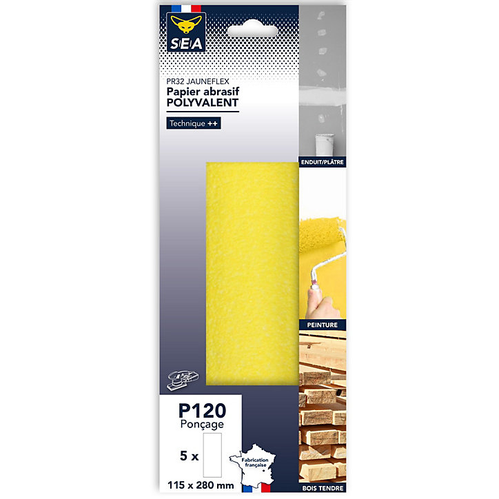 Papier abrasif corindon 115 x 280 mm grain 120 non perforé, lot de 5