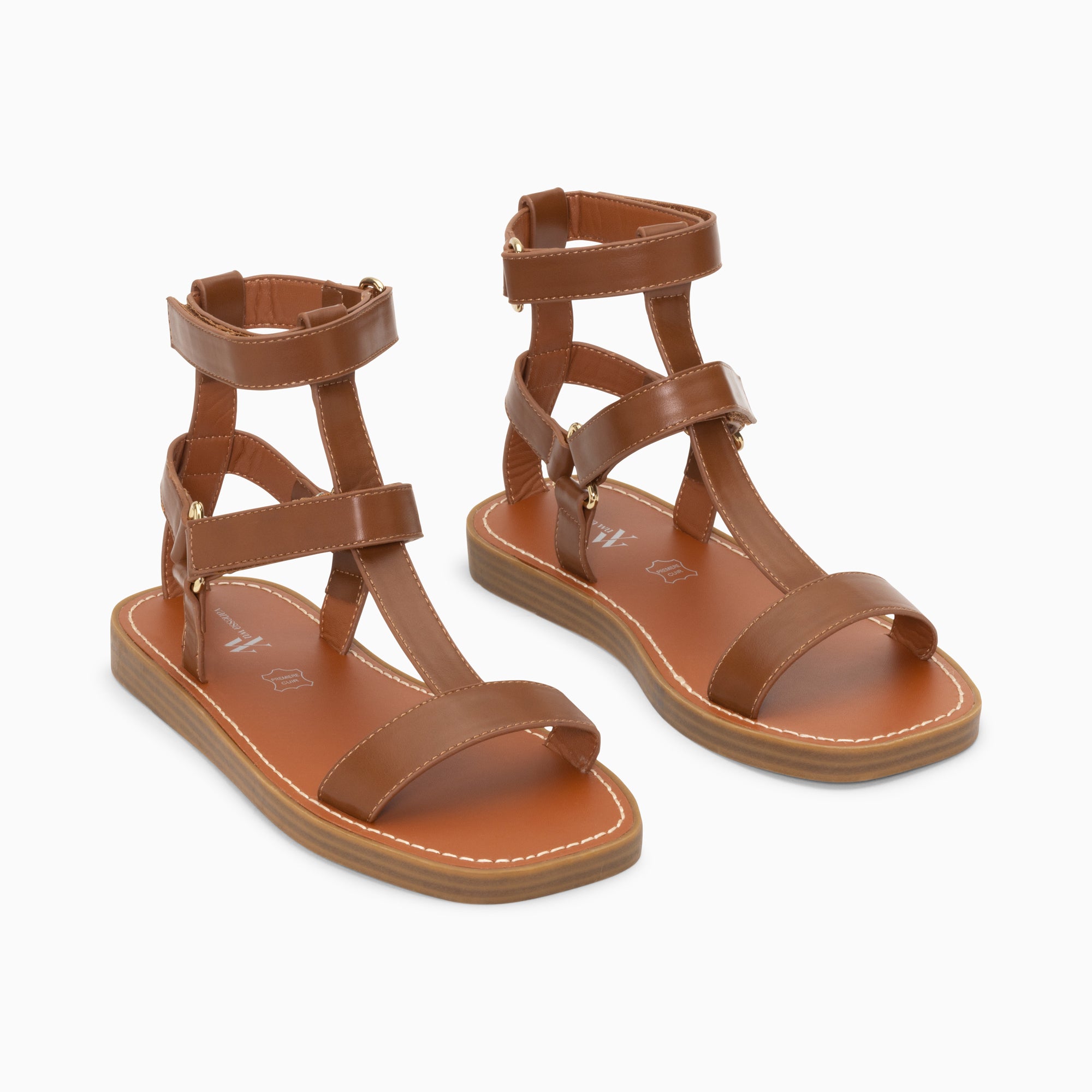 Sandales plates-Sandales plates Assia camel à scratchs