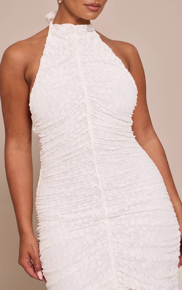 Blanc Robe Maxi Shape En Dentelle Froncée À Col Montant Et Ourlet Asymétrique