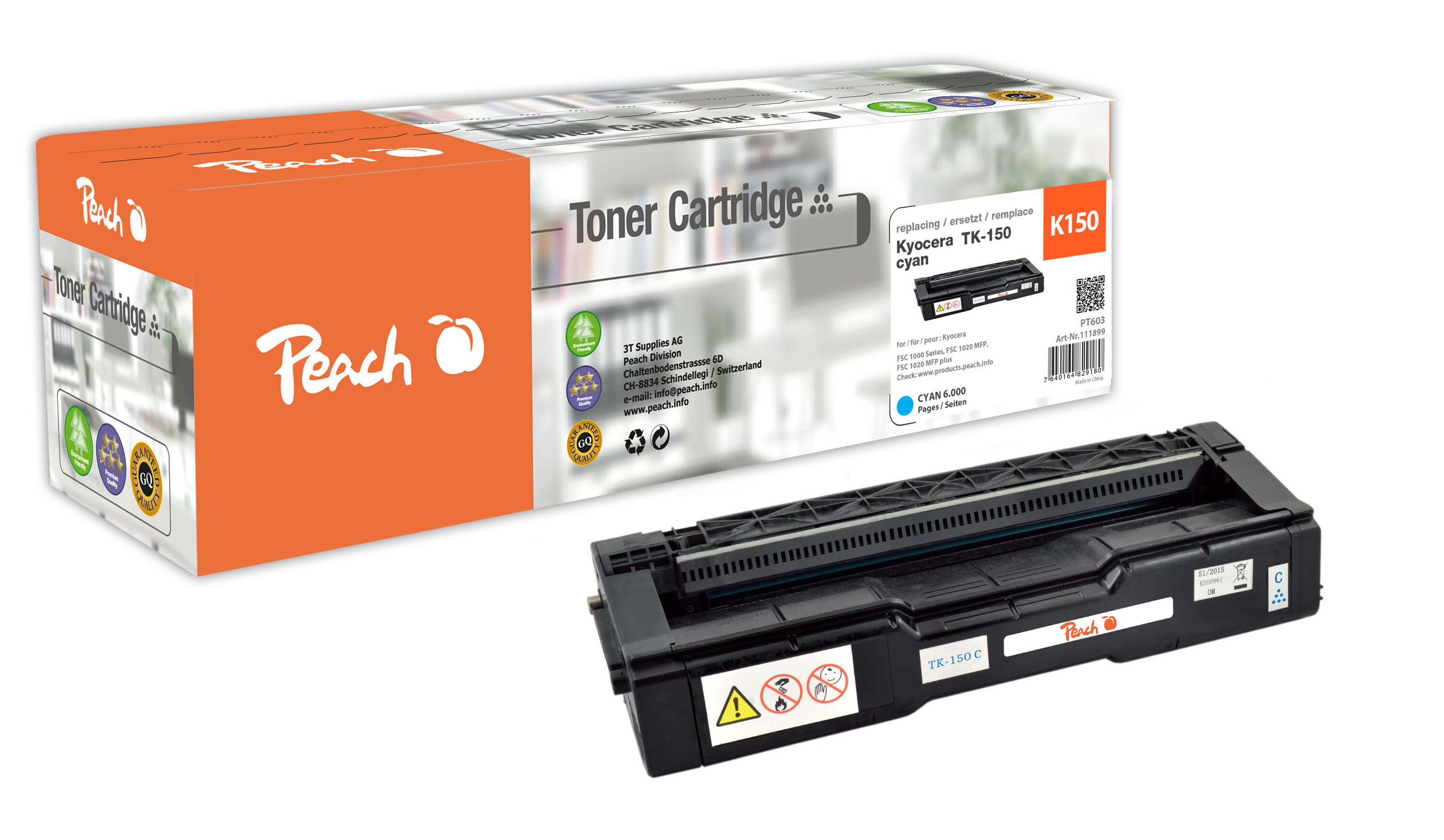 Peach K150 C Toner cy ersetzt Kyocera TK-150C für z.B. Kyocera FSC 1000, Kyocera FSC 1020 MFP, Kyocera FSC 1020 MFP plus (wiederaufbereitet)