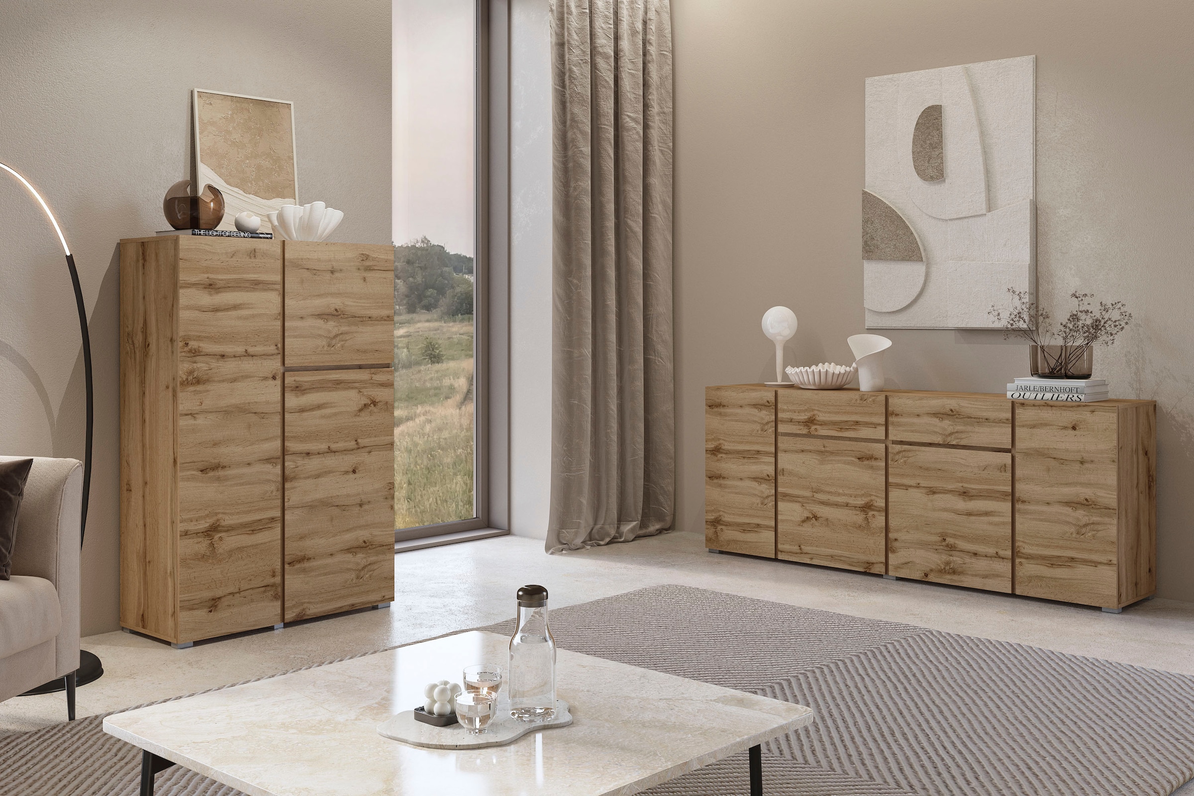 INOSIGN Highboard »Metric, Breite 92cm, moderne grifflose Hochkommode 3 Türen,Highboard« Hochschrank mit viel Stauraum, Einlegeböden verstellbar, Türkommode