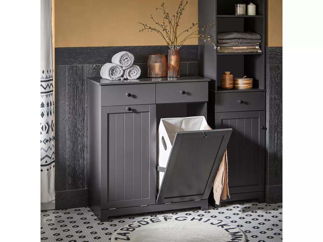 Meuble Bas de Salle de Bain Armoire Toilette avec 2 Tiroirs et 2 Paniers à Linge, BZR33-DG