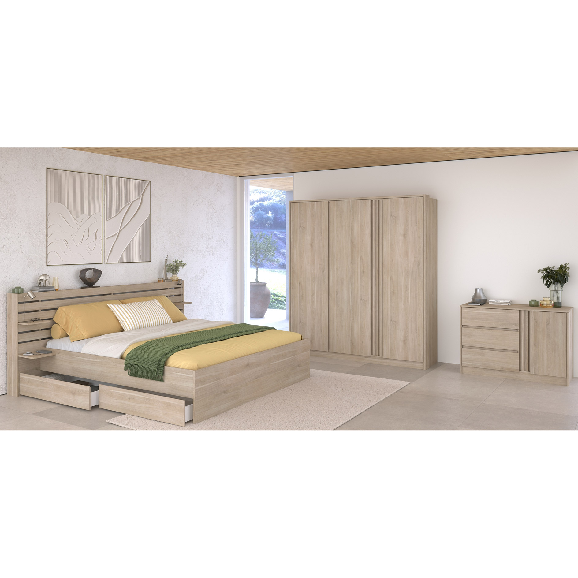 3-teiliges Schlafzimmer-Set ESCALE 21 - Japanische Eiche - 140x200 cm