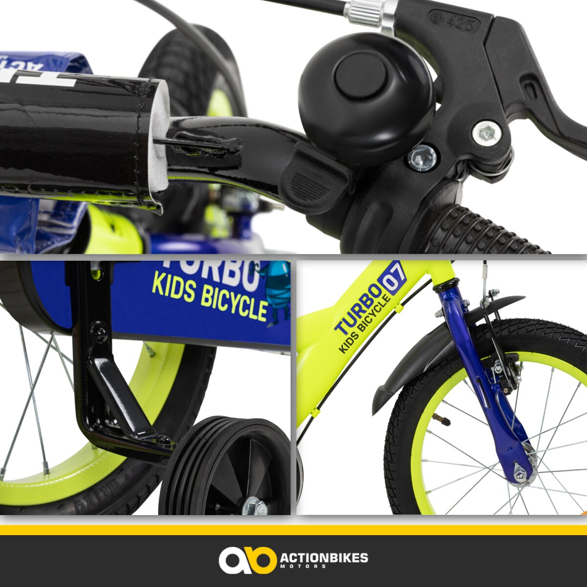 Actionbikes Kinderfahrrad Turbo 16 Zoll, Stützräder, V-Brake-Bremsen, Lenker-/Kettenschutz, Klingel