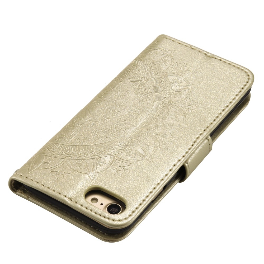 iPhone SE (2022/2020) / 8 / 7 / 6S Leder Tasche Wallet - Mandala Flowers Imprint - Gold