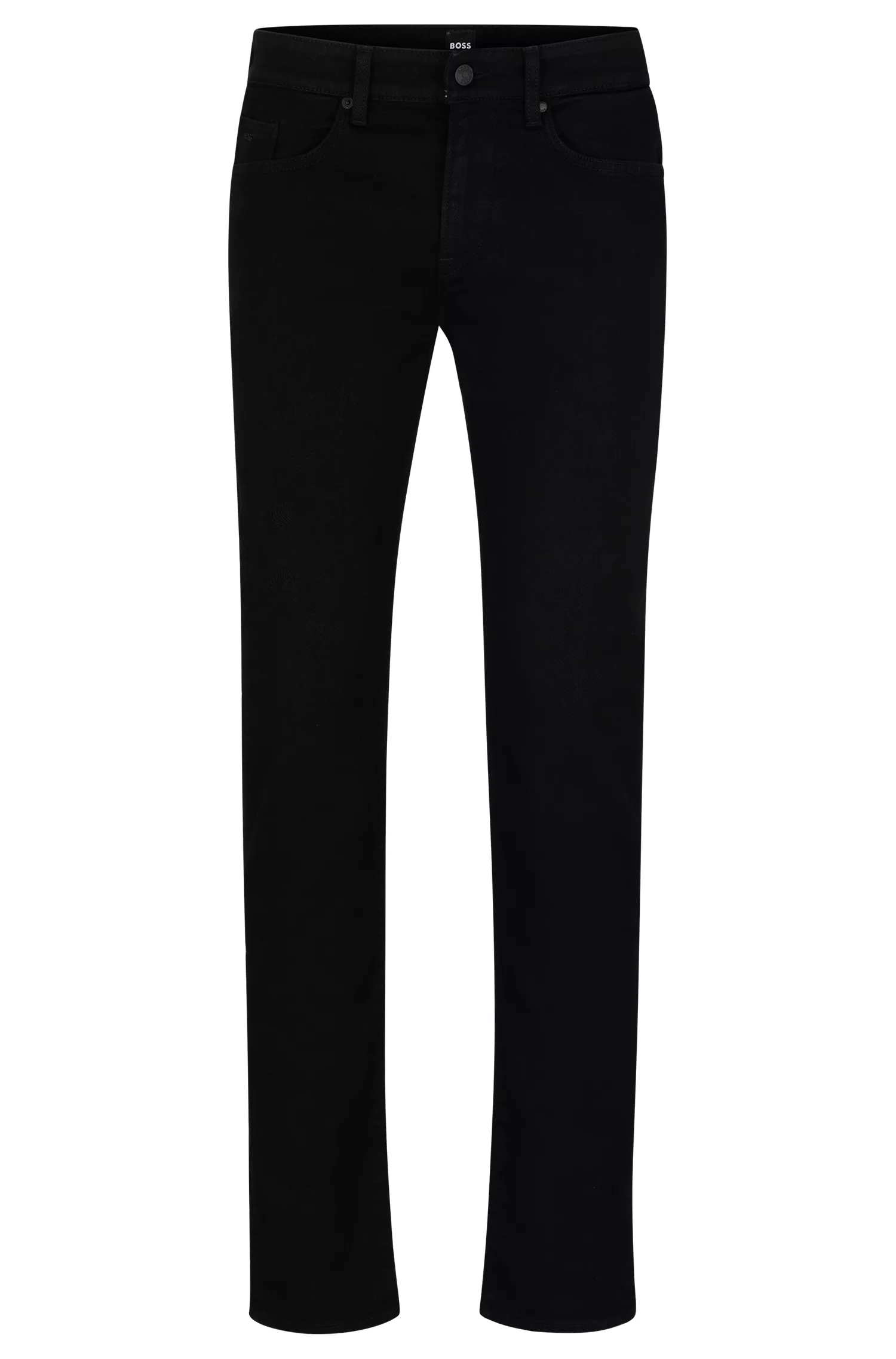 Calça jeans BOSS preta, corte slim, em denim italiano supermacio.