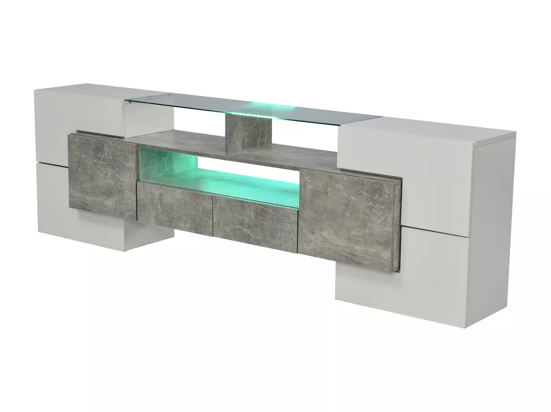 Meuble TV 2m en bois avec 2 tiroirs et 2 étagères ouvertes - Gris & Blanc