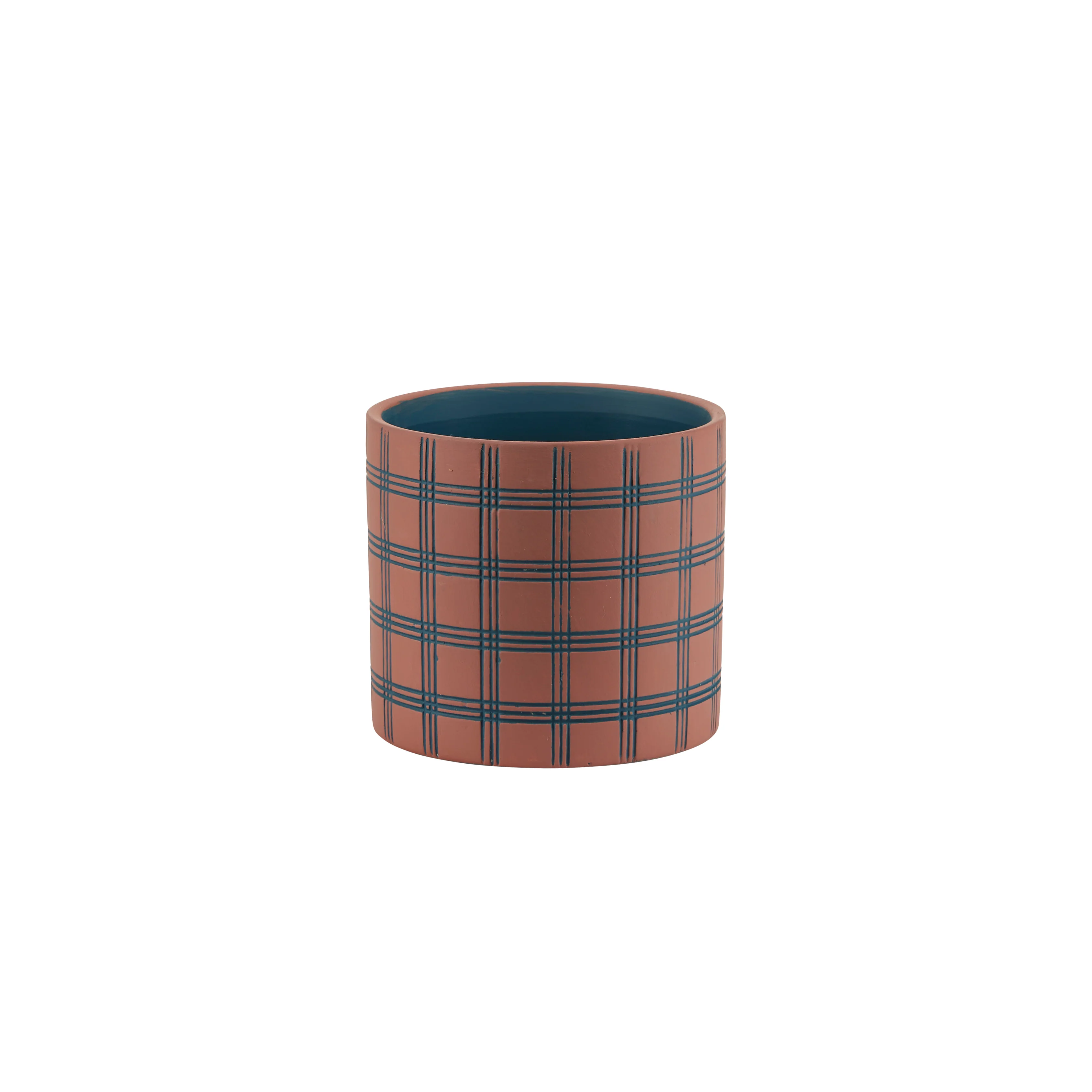 Bahne Interior  Urtepotteskjuler med plaid tern, blå/rosa - H12,5 cm.