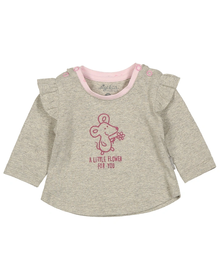 Langarmshirt A LITTLE FLOWER mit Rüschen meliert in grau