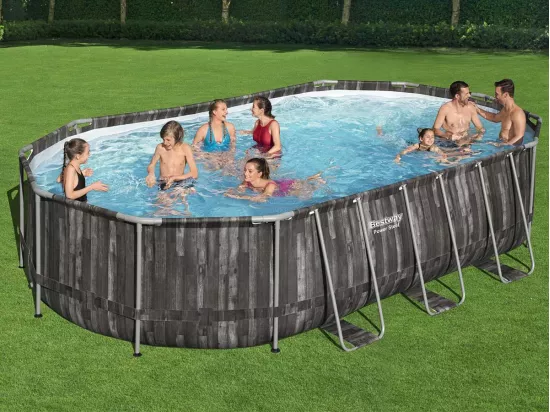 Piscine tubulaire Power Steel décor bois ovale 6,10 x 3,66 x 1,22 m - Bestway