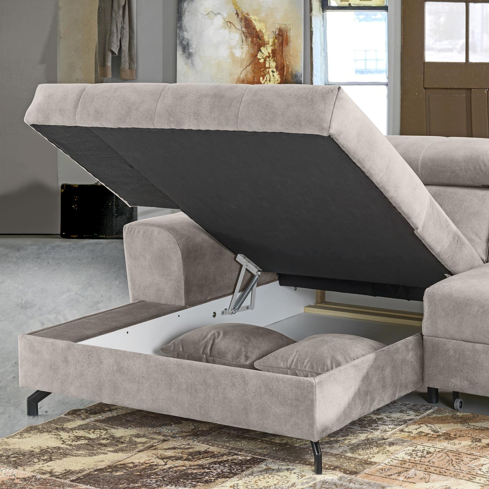Ecksofa - beige - Samt - mit Liegefunktion - Recamiere links
